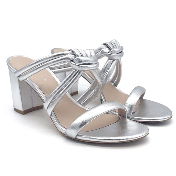 Stuart Weitzman Twist 75 Knot Block Heel Sandal Metallic Silver Leather Size 7.5 - Picture 8 of 16